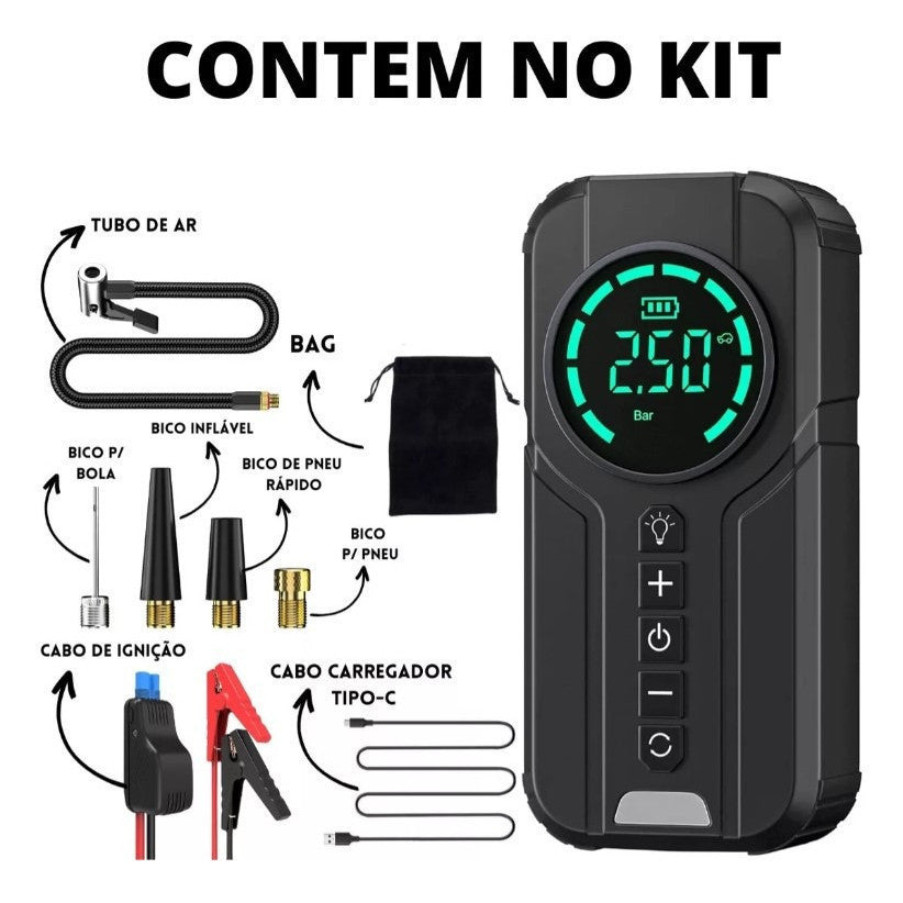 Compressor de Ar Portátil e Auxiliar de Partida 2 em 1